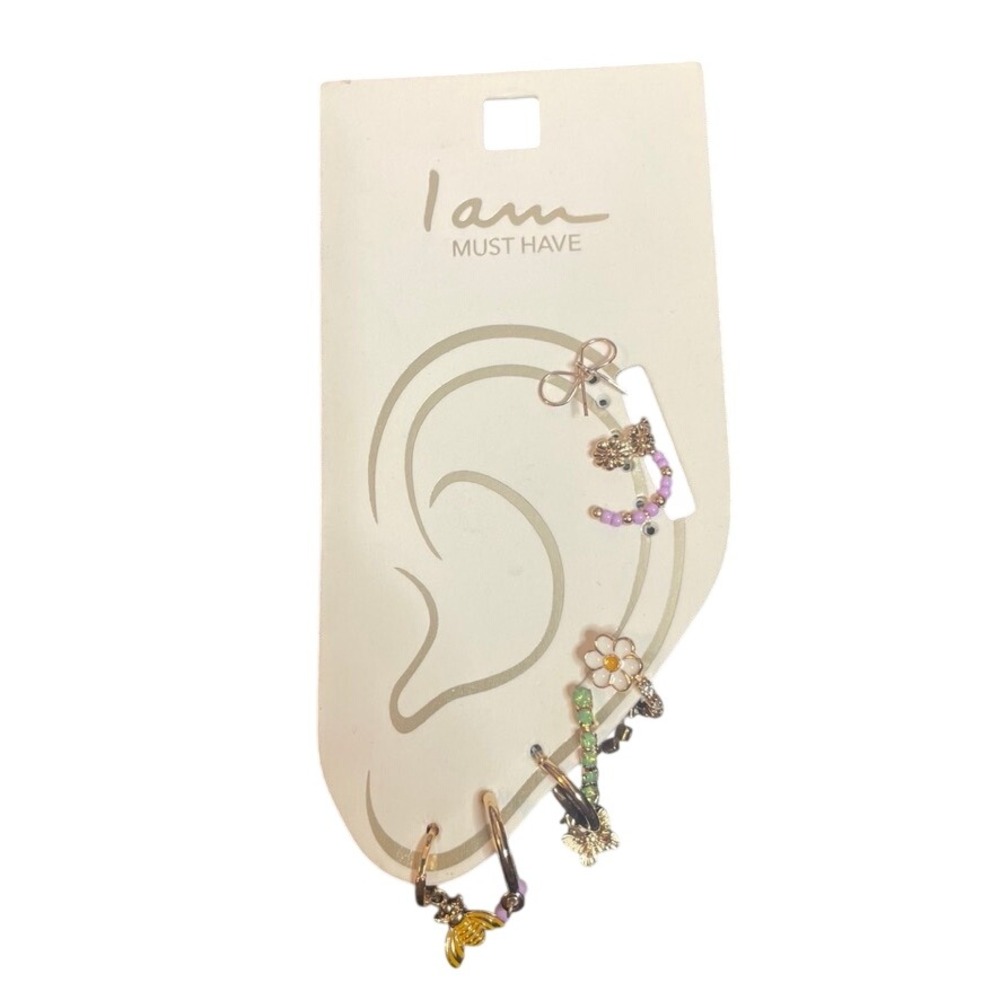 I Am Must Have Gold Tone Earring Set 6pc Daisy Butterfly Bow Beads Rhinestones